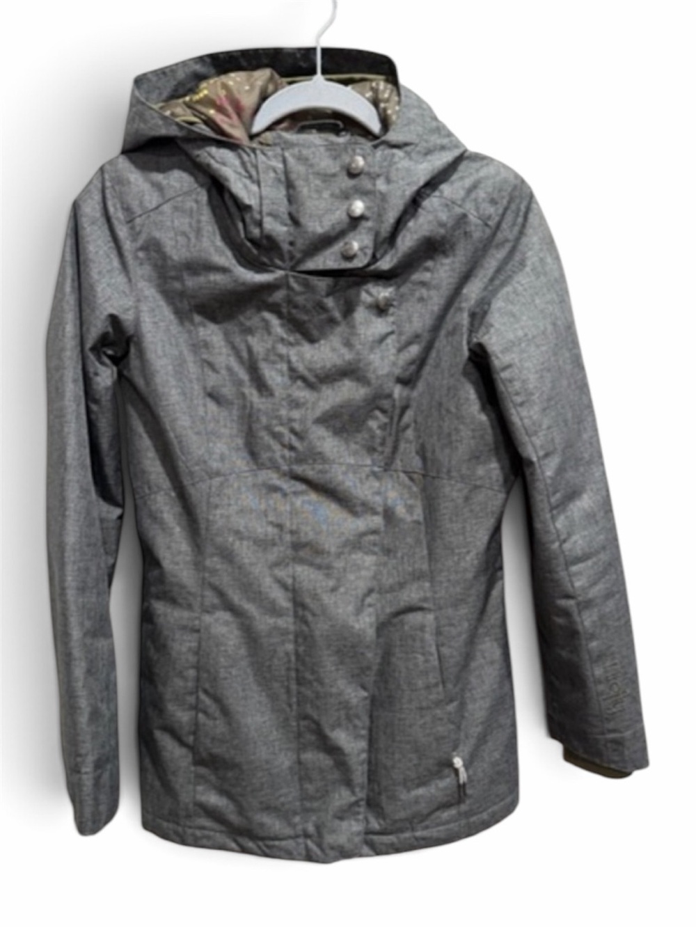 Firefly Sz S Gray Hooded Snow Jacket Snap Front Pink Print Lining